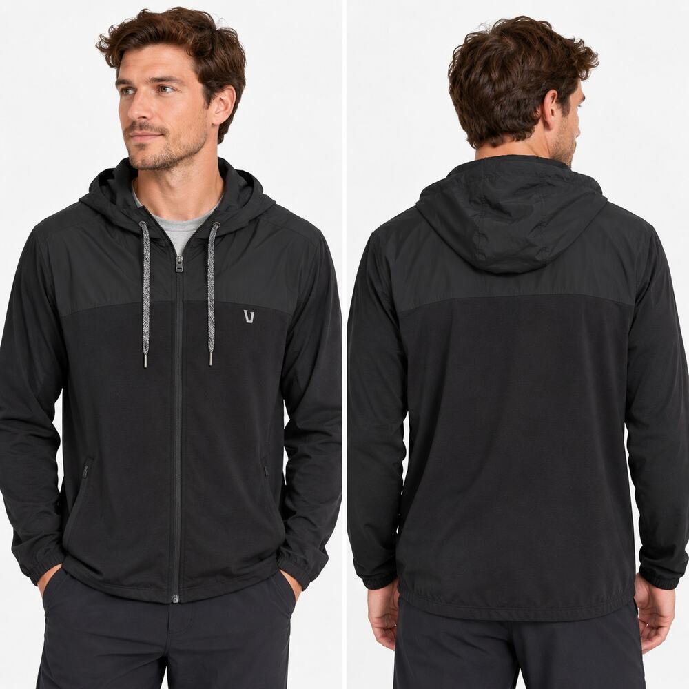 Vuori Sunday Element Jacket Mens XL Black Recycled Polyester Stretch Hooded Zip